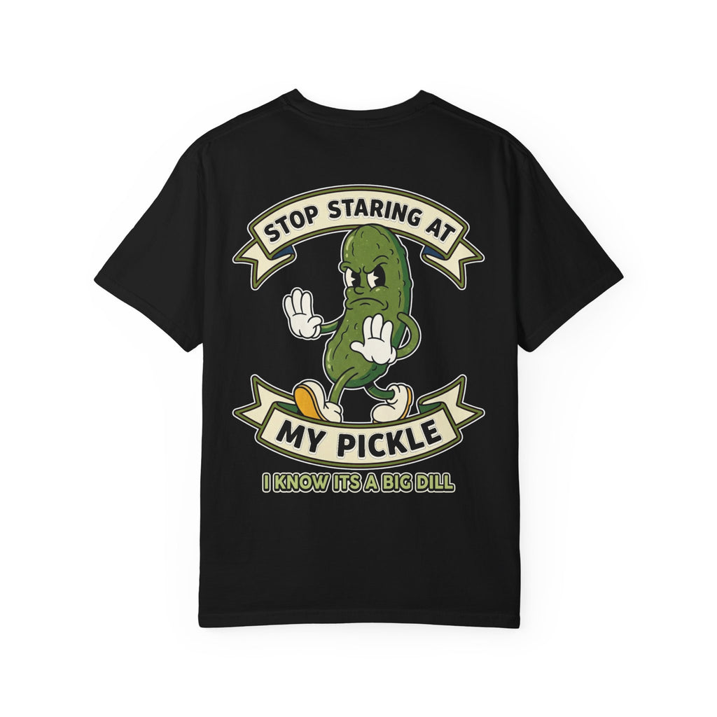 Stop Staring At My Pickle Funny Cartoon Retro Food Pun Big Dill Inappropriate Humor Shirt