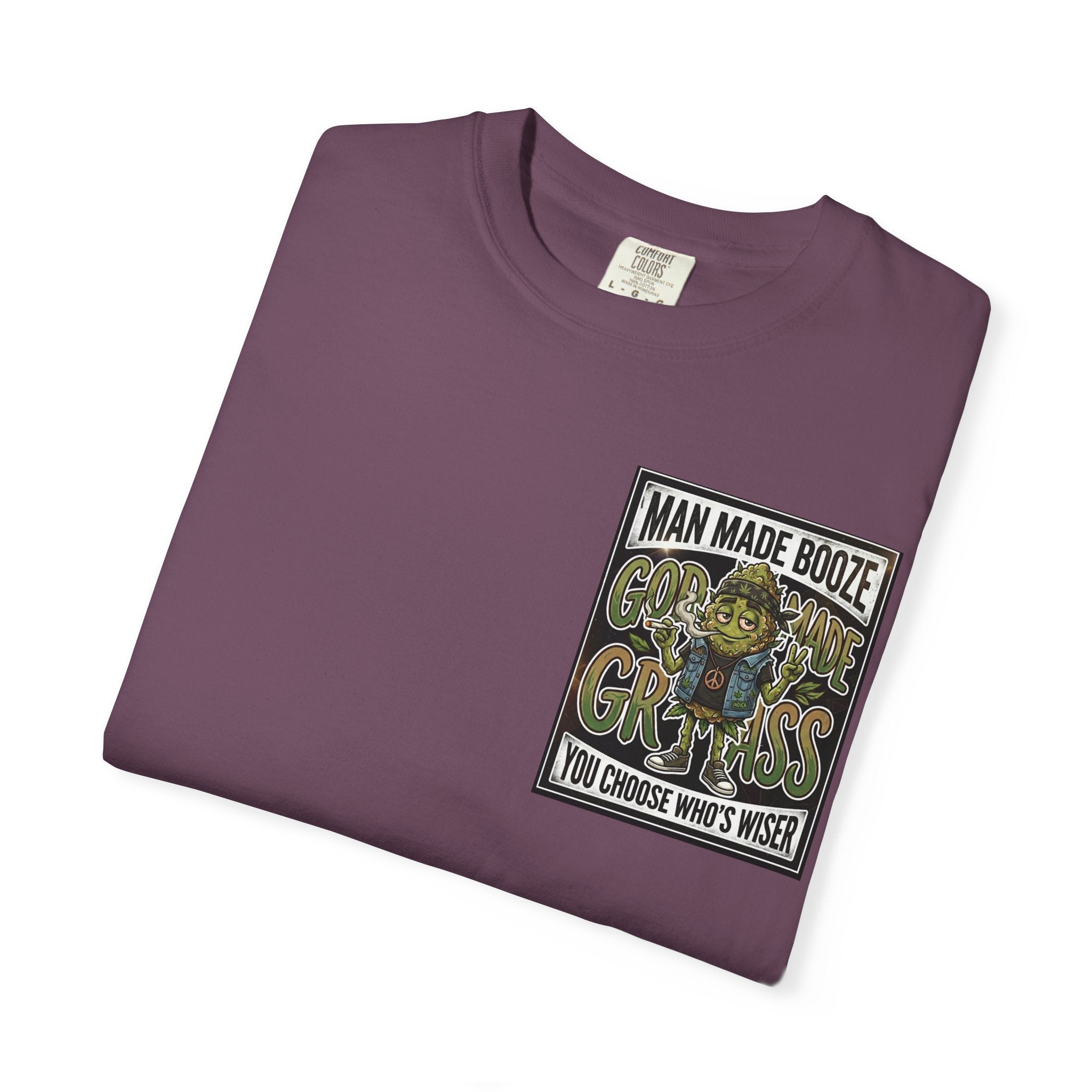 Man Made Booze God Made Grass Retro 1980s Biker Bud Graphic Tee