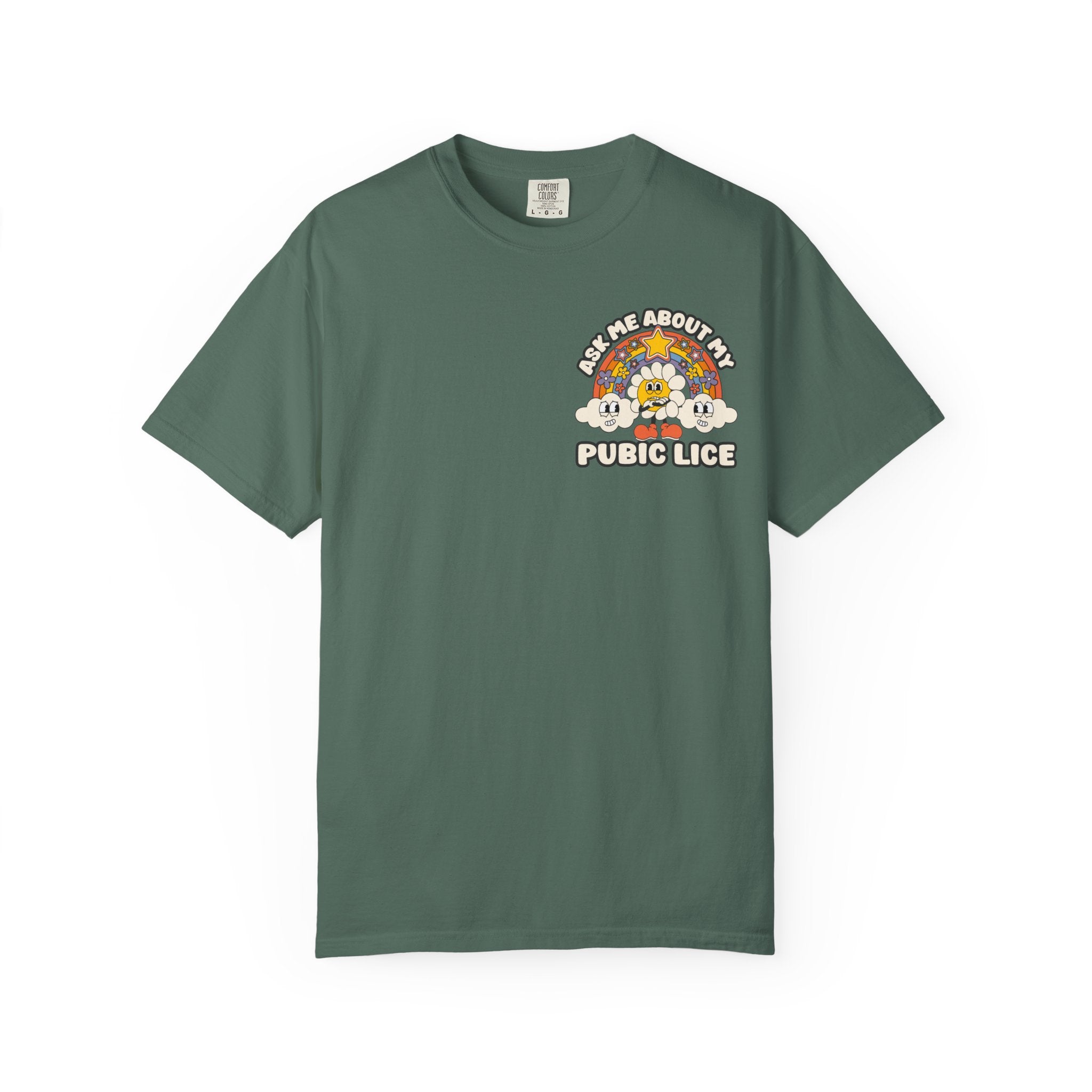 Adult Humor "Ask Me About My Pubic Lice" Double-Sided Retro Tee