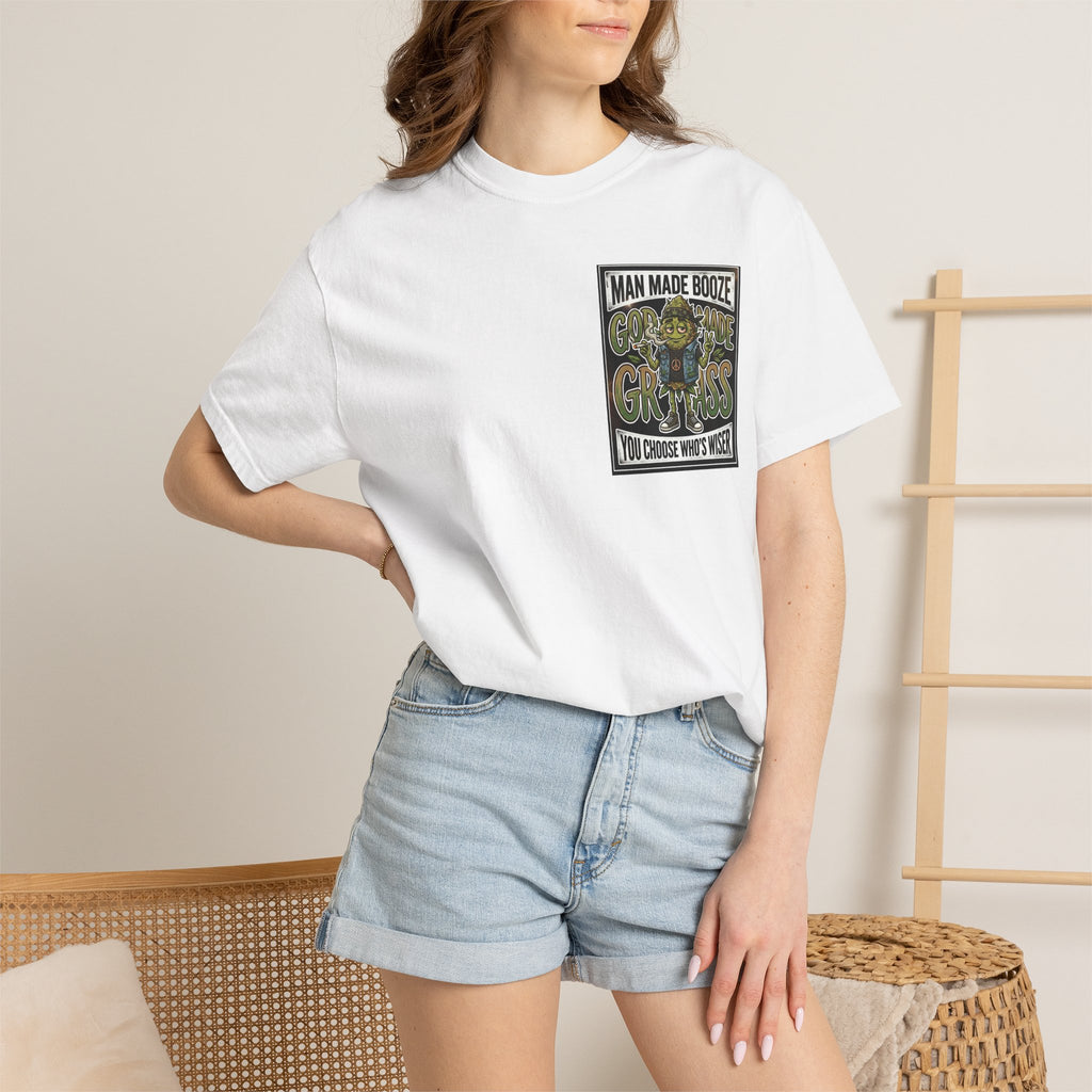 Man Made Booze God Made Grass Retro 1980s Biker Bud Graphic Tee