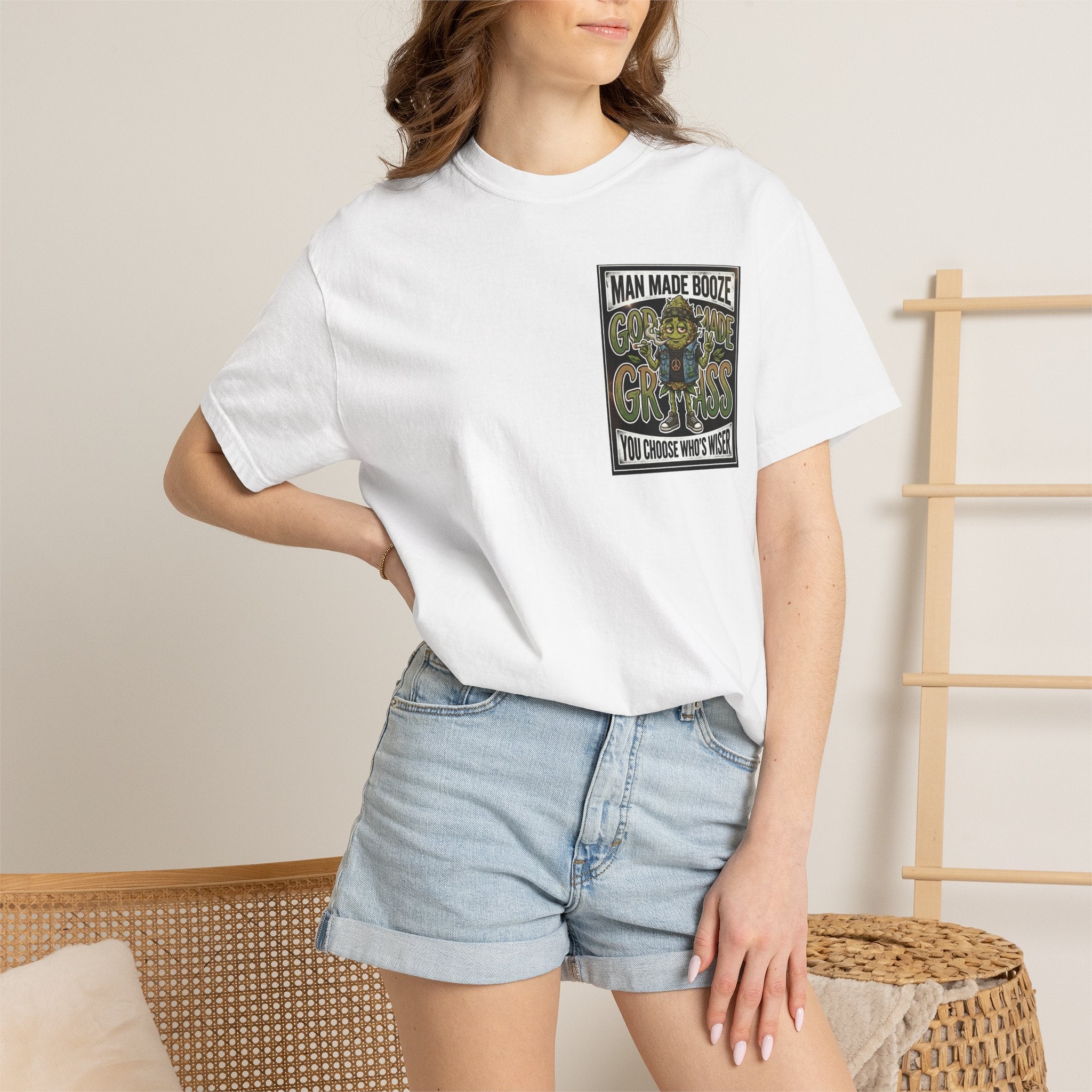 Man Made Booze God Made Grass Retro 1980s Biker Bud Graphic Tee