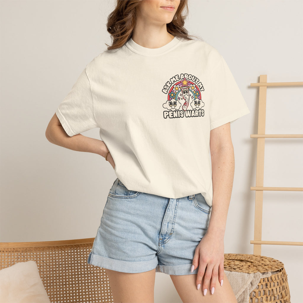 Adult Humor "Ask Me About My Penis Warts" Double-Sided Retro Tee