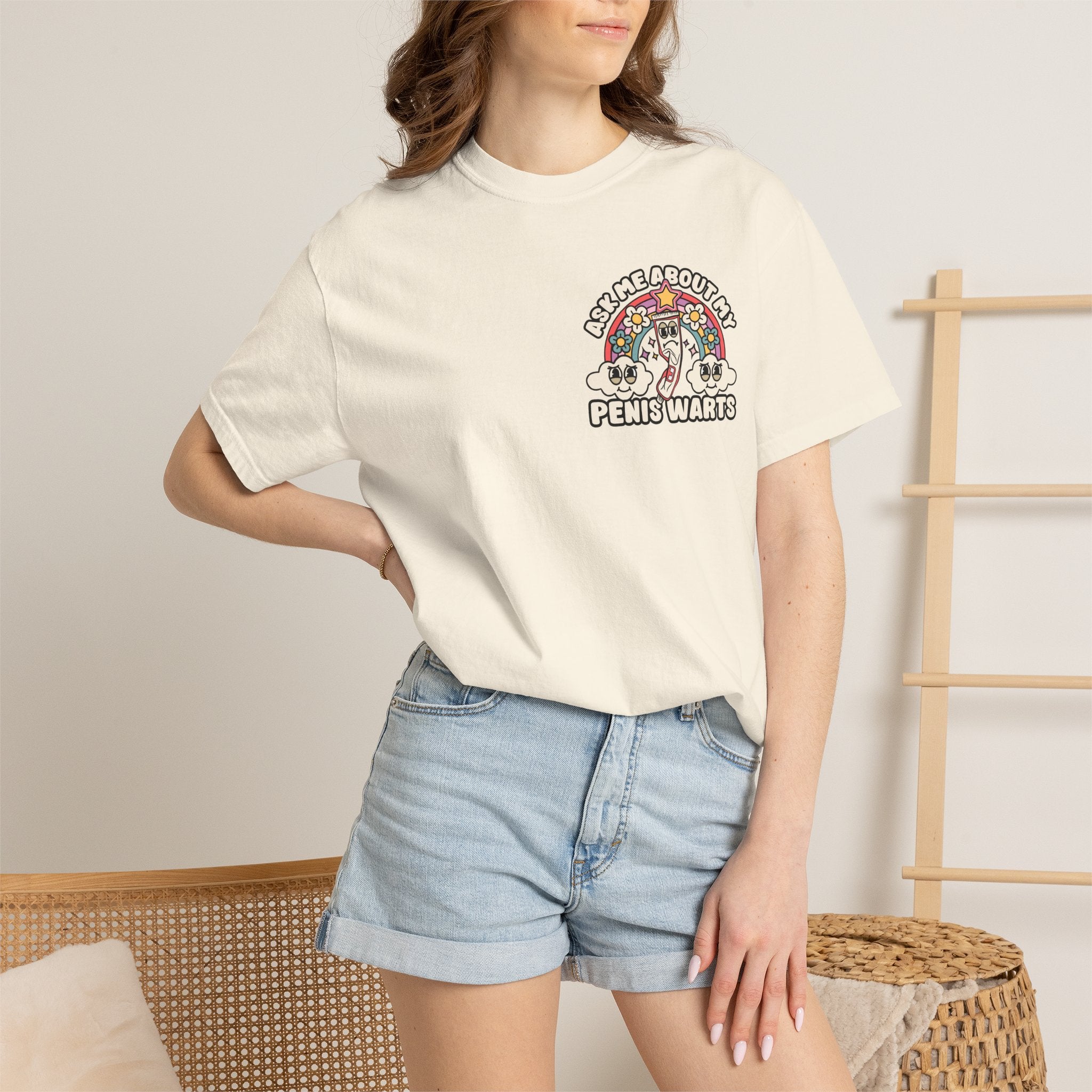 Adult Humor "Ask Me About My Penis Warts" Double-Sided Retro Tee