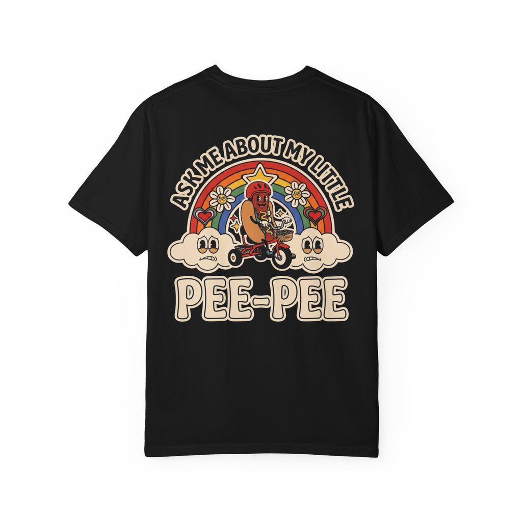 Ask Me About My Little Pee-Pee Shirt Funny Retro Hot Dog Cartoon Graphic Ironic Joke Tee