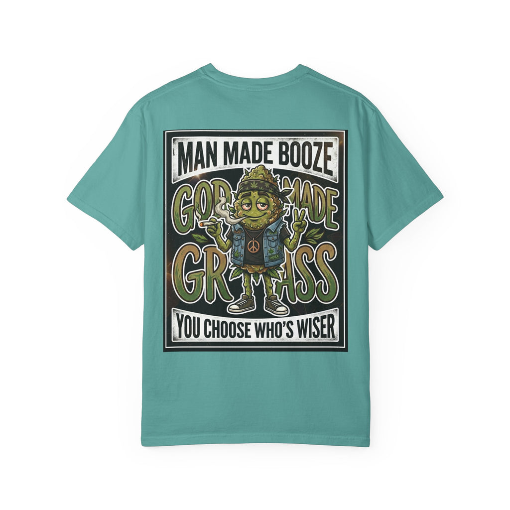 Man Made Booze God Made Grass Retro 1980s Biker Bud Graphic Tee