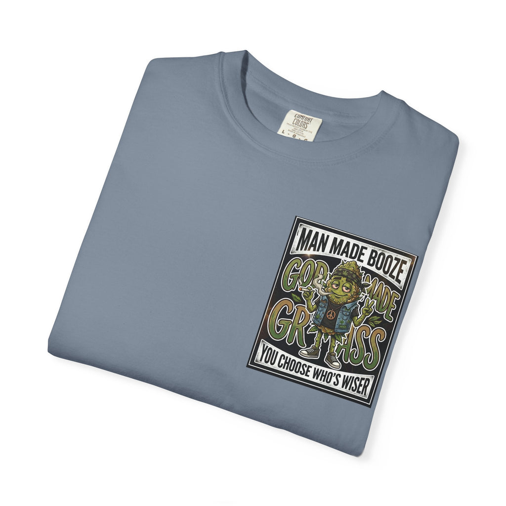 Man Made Booze God Made Grass Retro 1980s Biker Bud Graphic Tee