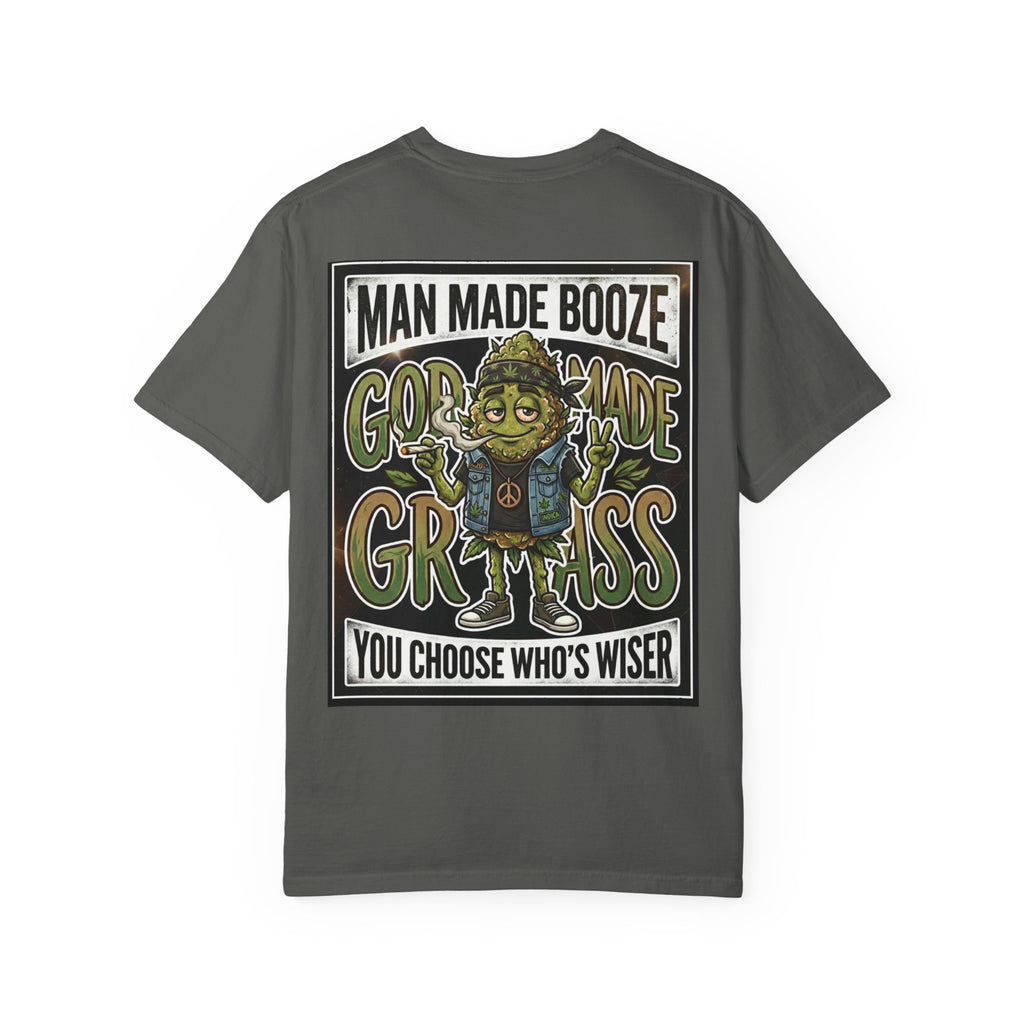 Man Made Booze God Made Grass Retro 1980s Biker Bud Graphic Tee