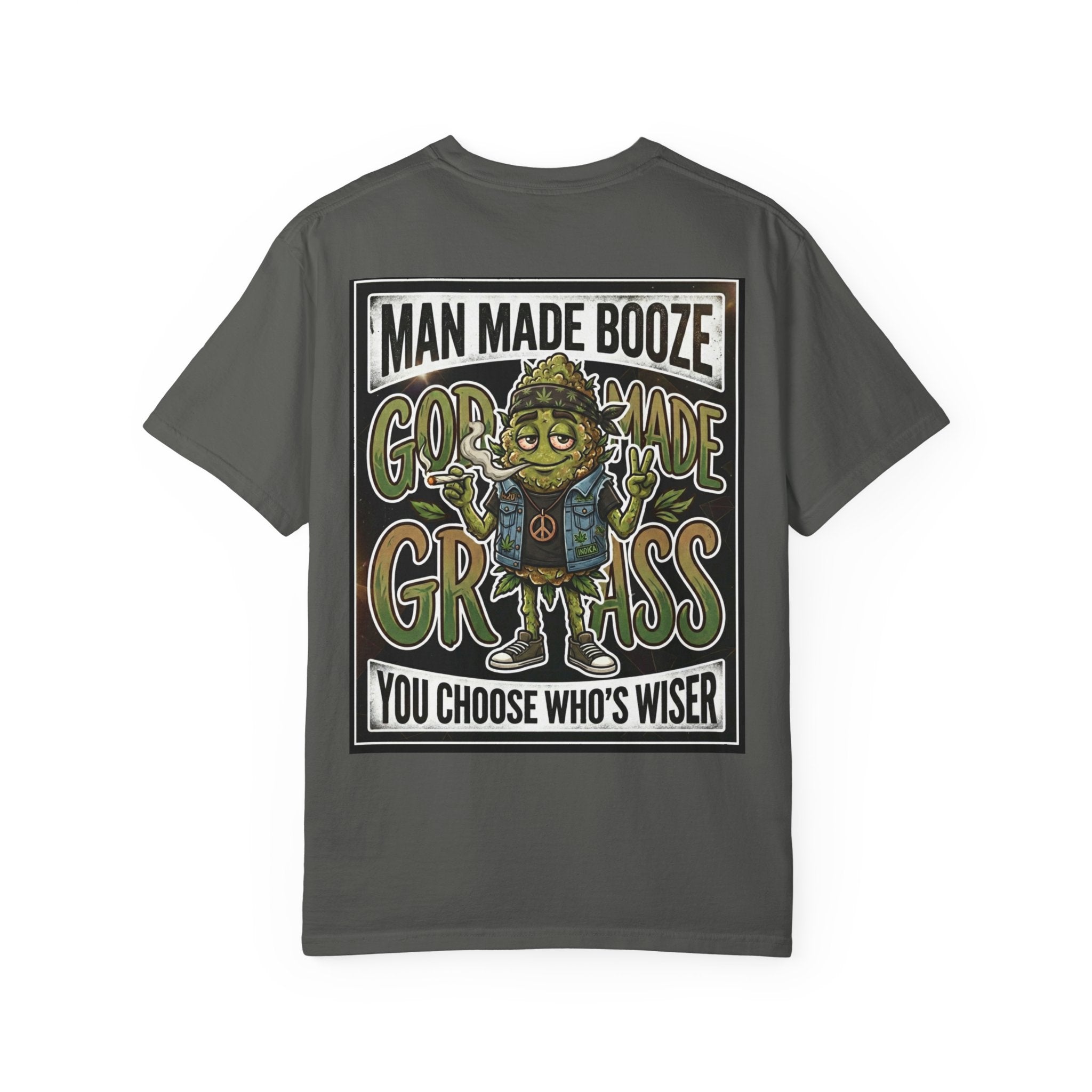 Man Made Booze God Made Grass Retro 1980s Biker Bud Graphic Tee