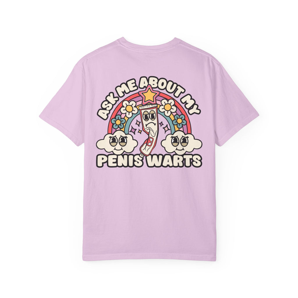 Adult Humor "Ask Me About My Penis Warts" Double-Sided Retro Tee