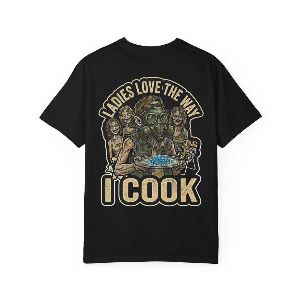 I Cook Shirt - Funny Redneck Hillbilly Gas Mask Parody Blue Crystal Distressed Adult Humor Tee