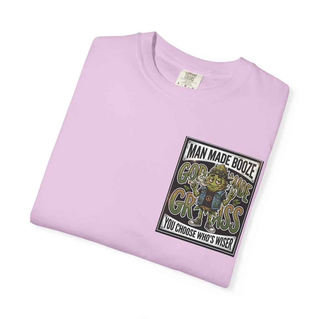 Man Made Booze God Made Grass Retro 1980s Biker Bud Graphic Tee