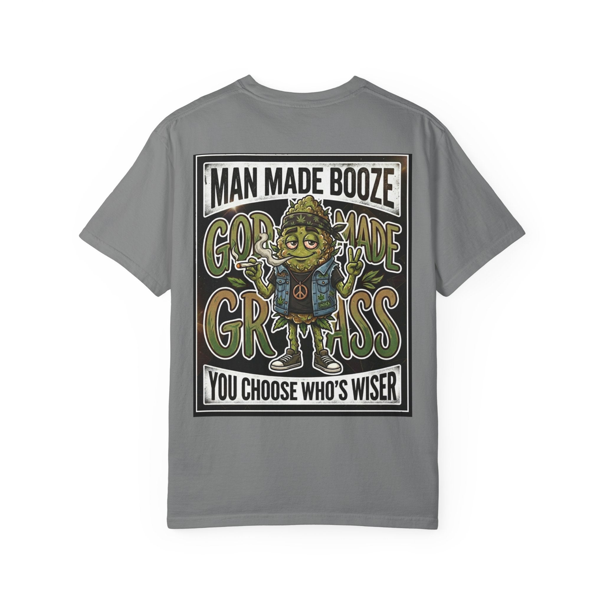Man Made Booze God Made Grass Retro 1980s Biker Bud Graphic Tee