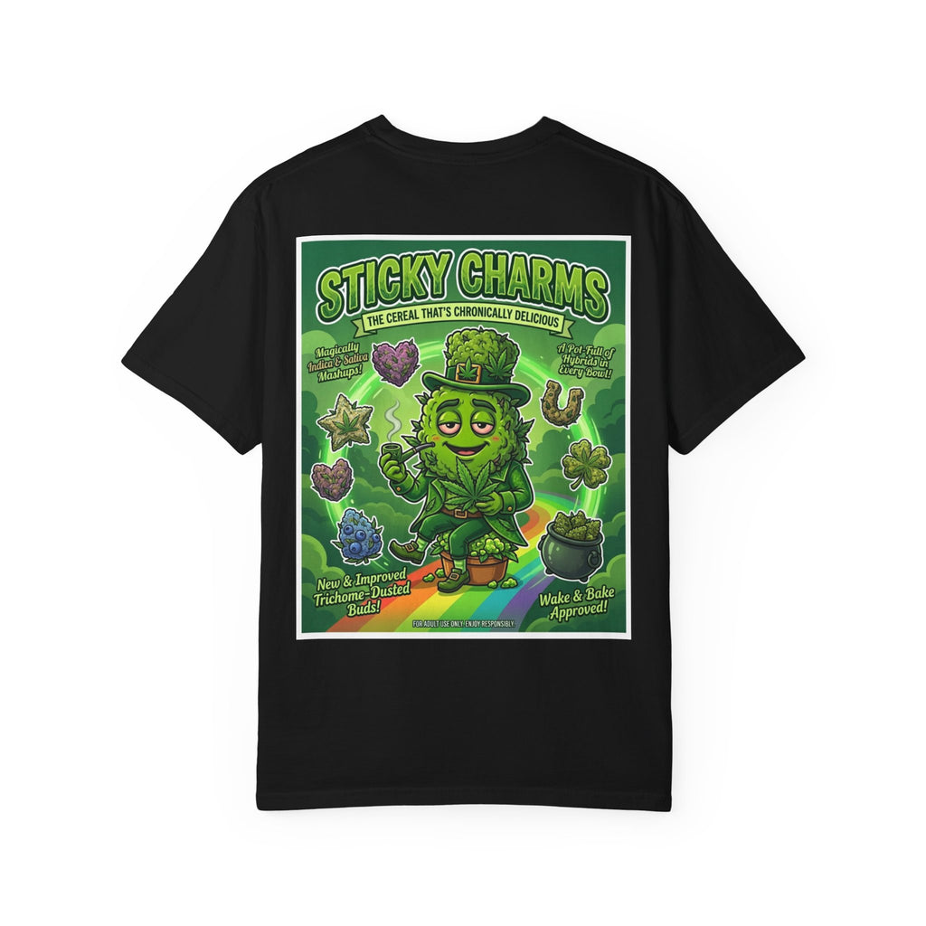 Sticky Charms Shirt - Funny Stoner Retro Cereal Parody Lucky Leprechaun Cannabis Weed 420 Tee