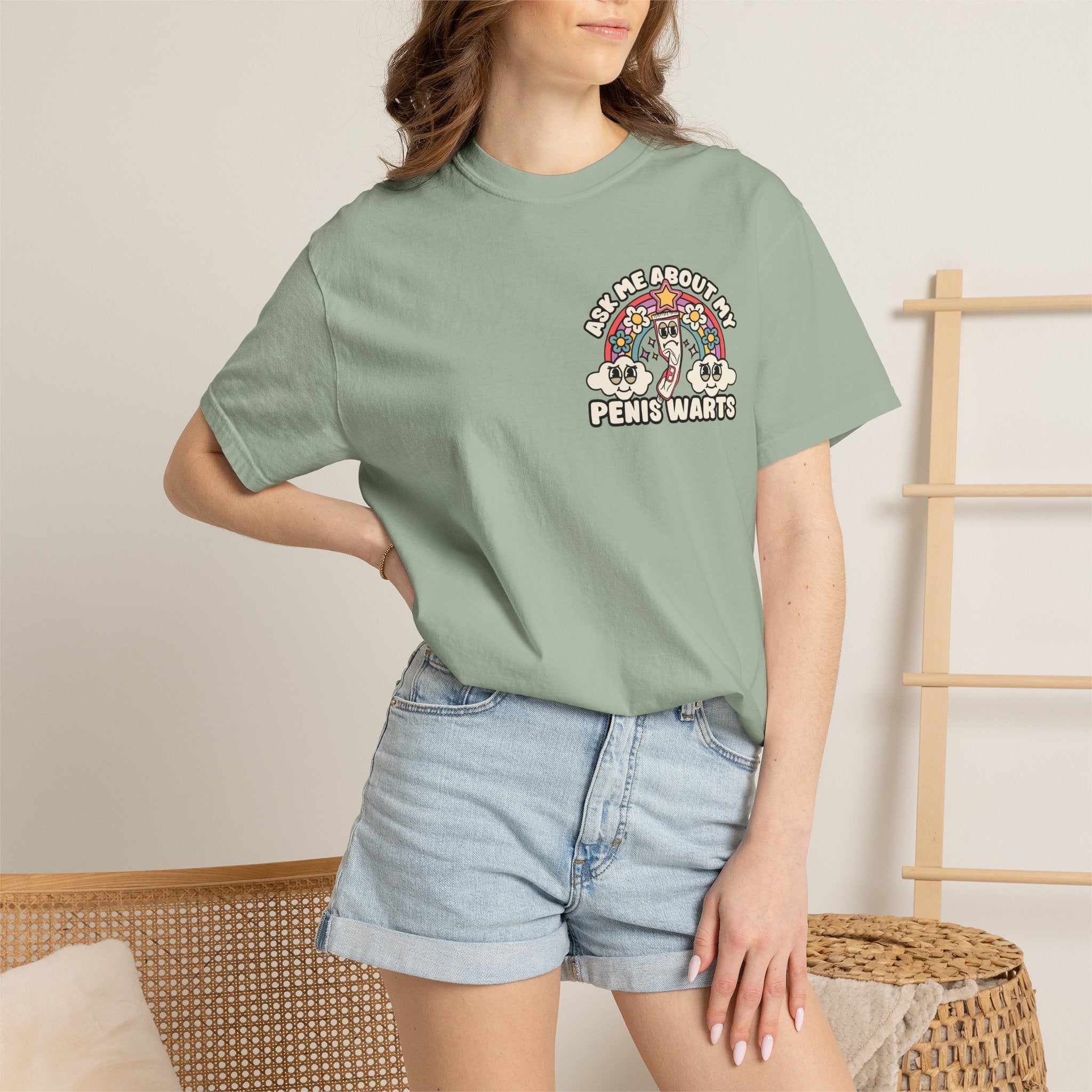 Adult Humor "Ask Me About My Penis Warts" Double-Sided Retro Tee