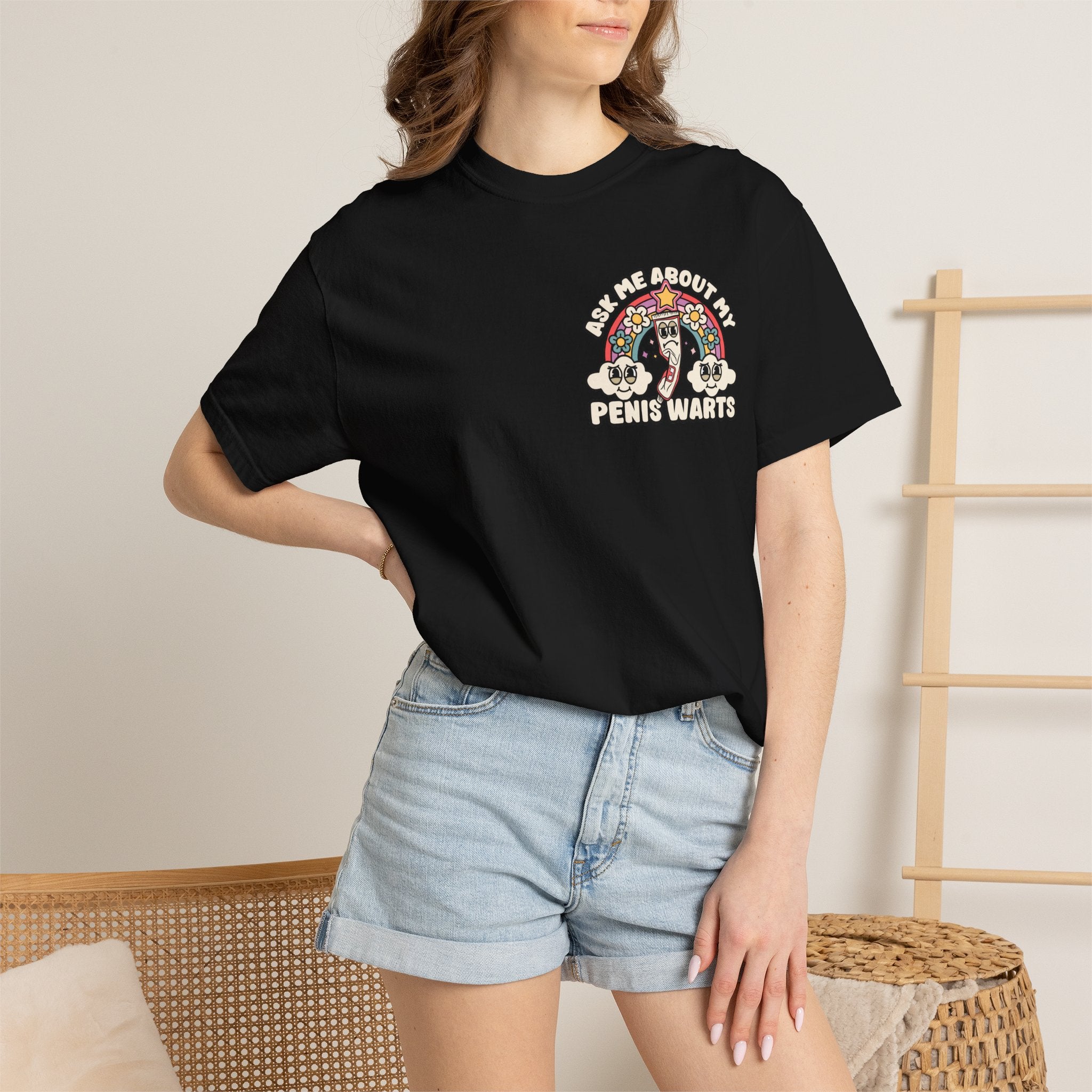 Adult Humor "Ask Me About My Penis Warts" Double-Sided Retro Tee