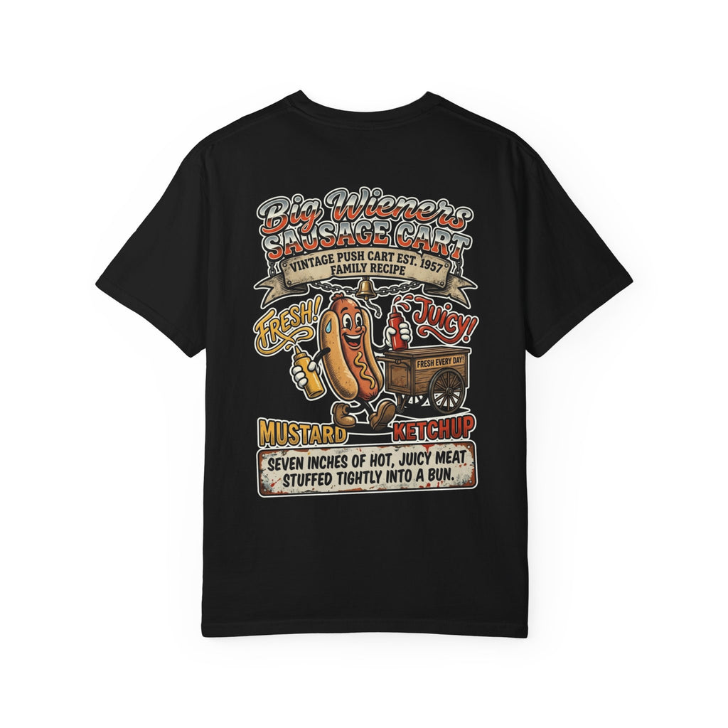 Big Wieners Sausage Cart Graphic T-Shirt - Retro 1950s Food Adult Humor Gift Tee