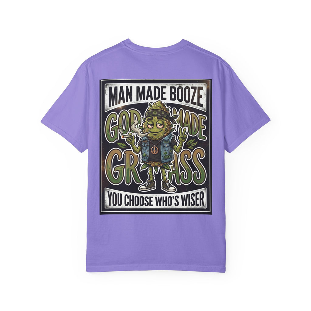 Man Made Booze God Made Grass Retro 1980s Biker Bud Graphic Tee