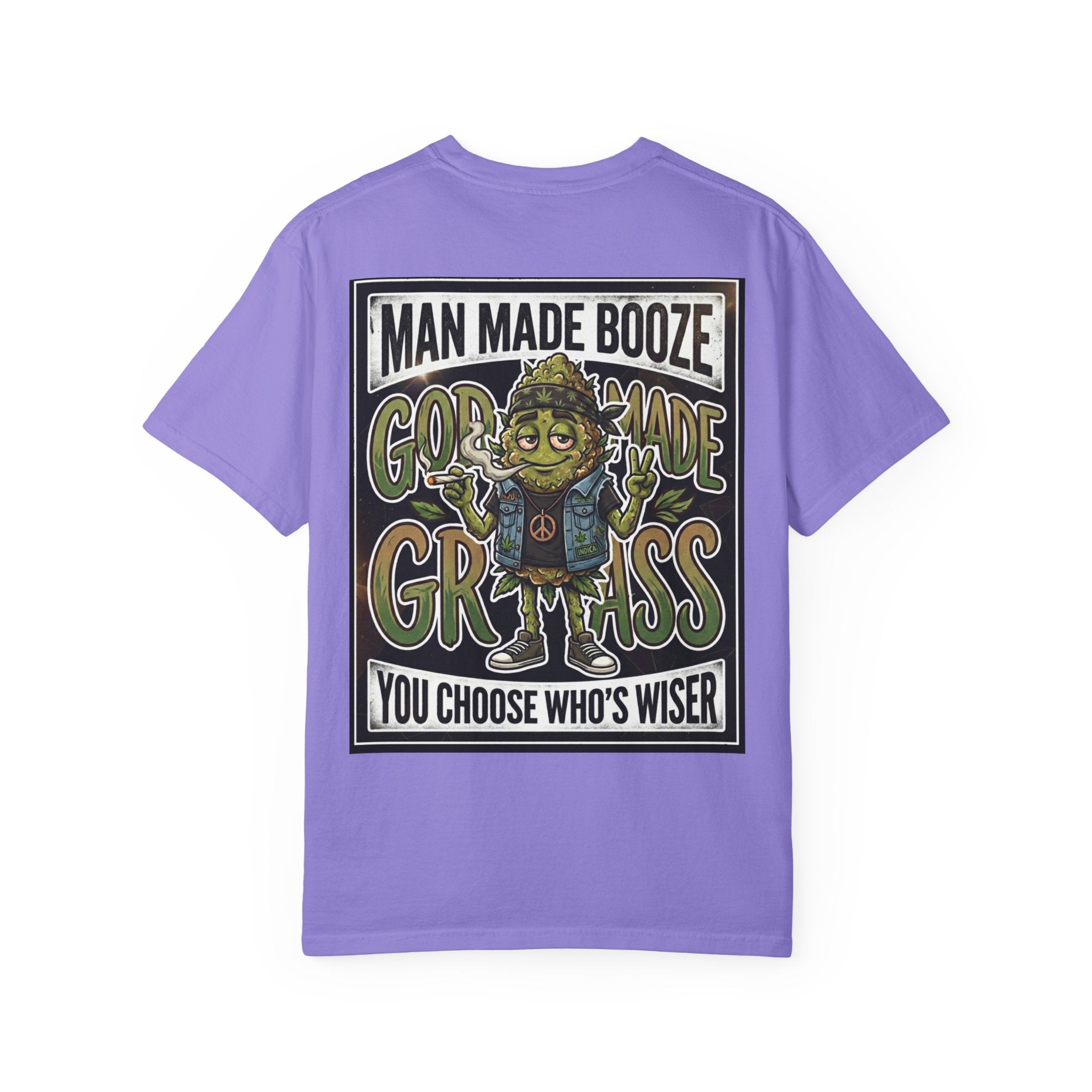 Man Made Booze God Made Grass Retro 1980s Biker Bud Graphic Tee