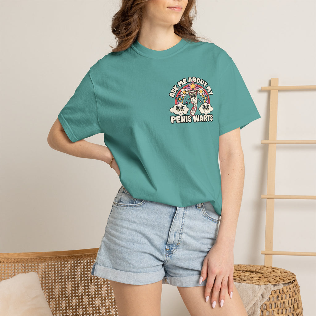 Adult Humor "Ask Me About My Penis Warts" Double-Sided Retro Tee