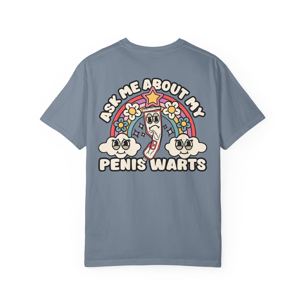 Adult Humor "Ask Me About My Penis Warts" Double-Sided Retro Tee