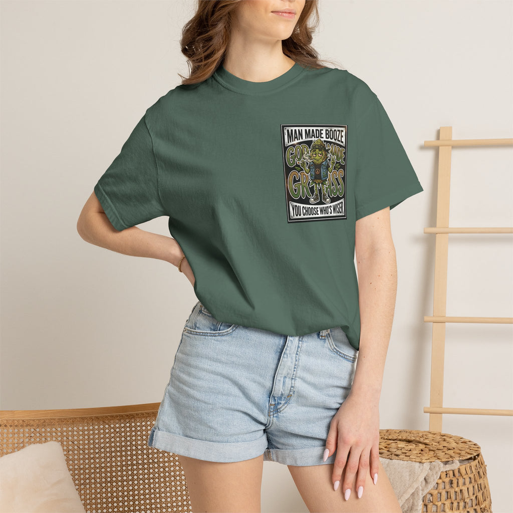 Man Made Booze God Made Grass Retro 1980s Biker Bud Graphic Tee