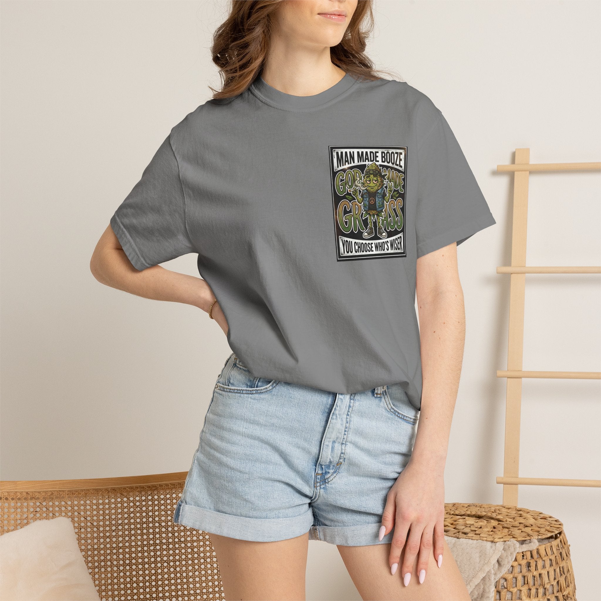 Man Made Booze God Made Grass Retro 1980s Biker Bud Graphic Tee