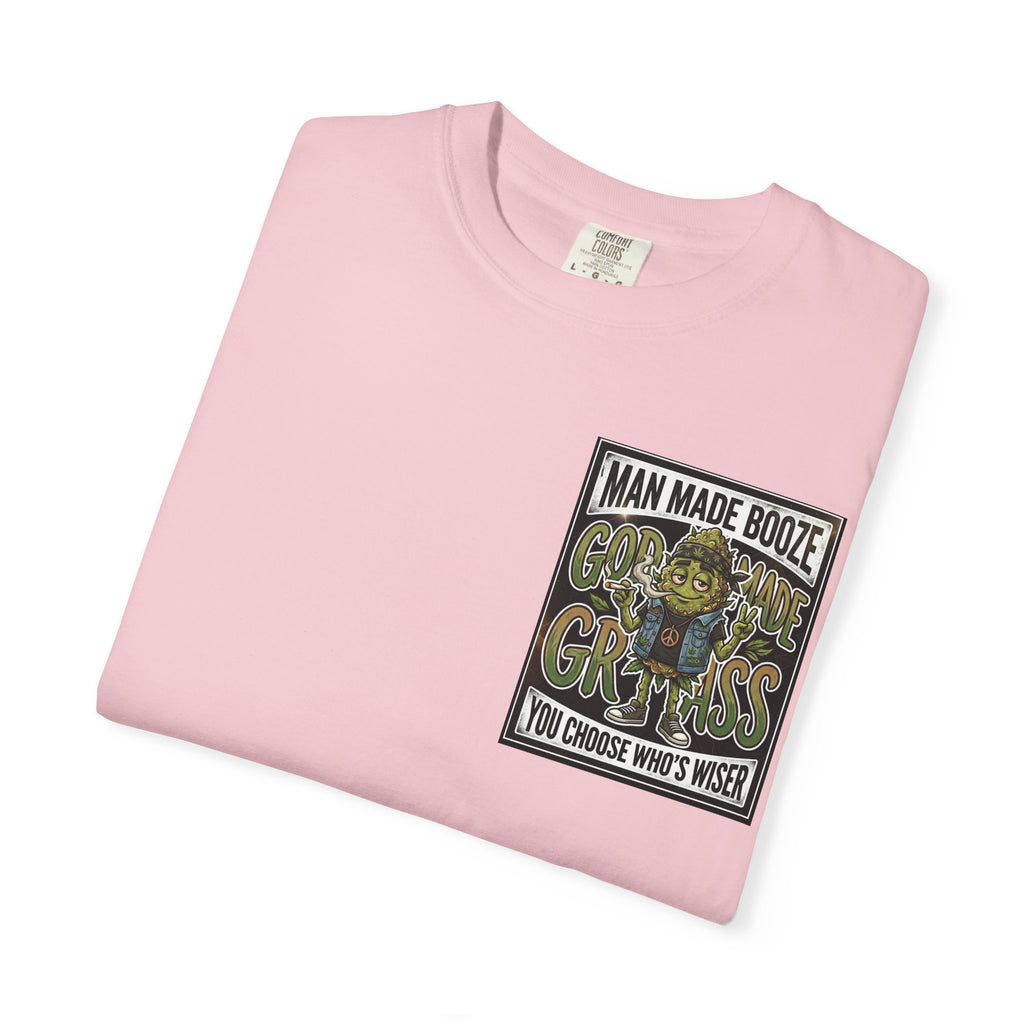 Man Made Booze God Made Grass Retro 1980s Biker Bud Graphic Tee