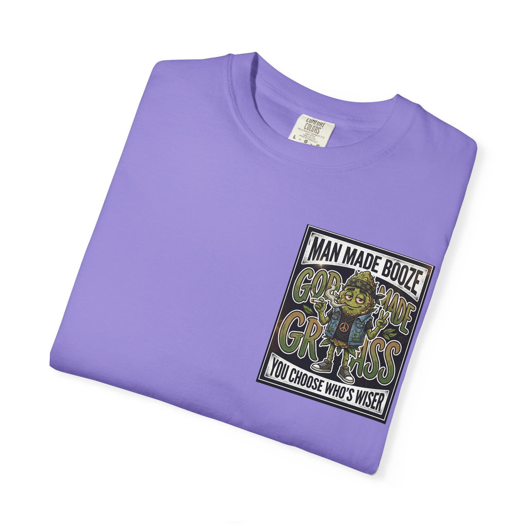 Man Made Booze God Made Grass Retro 1980s Biker Bud Graphic Tee