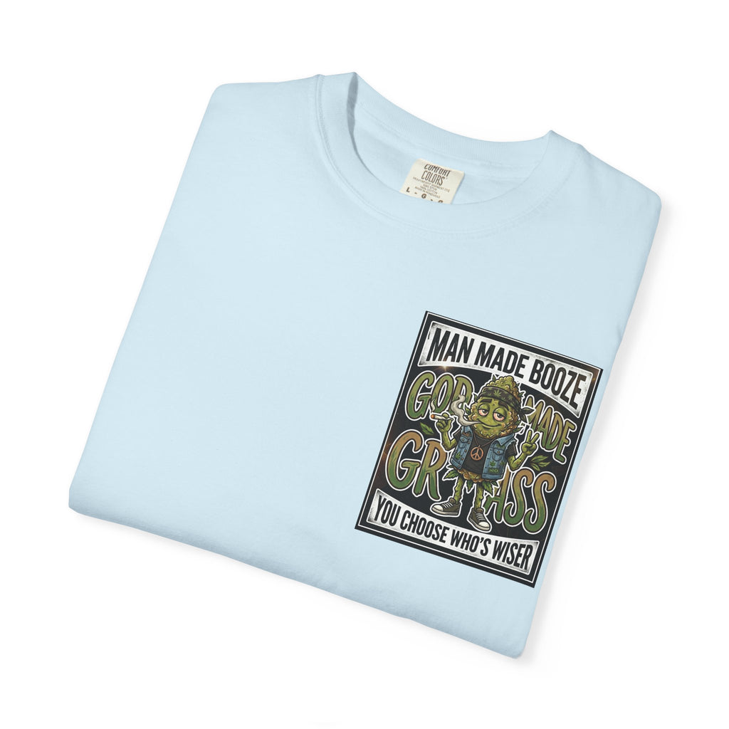 Man Made Booze God Made Grass Retro 1980s Biker Bud Graphic Tee