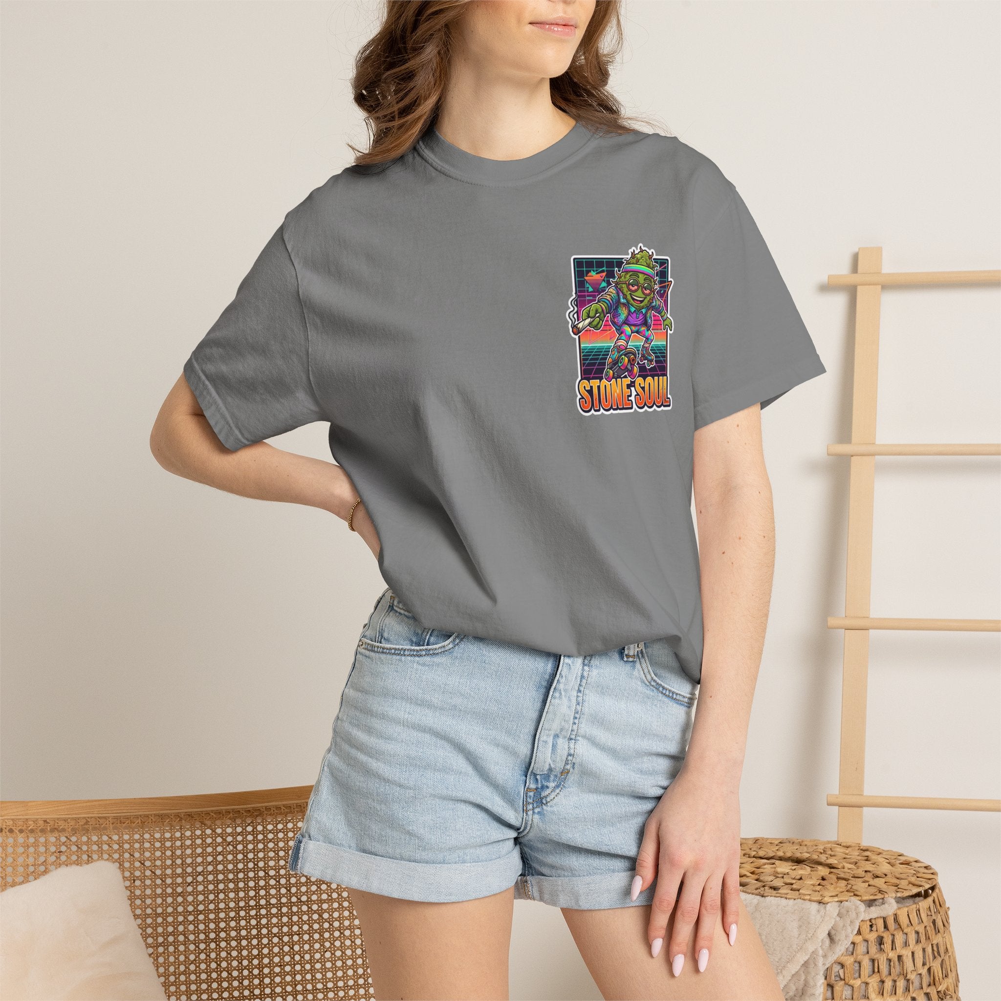 Retro 80s Synthwave Stone Soul Roller Skating Weed Bud Graphic Tee
