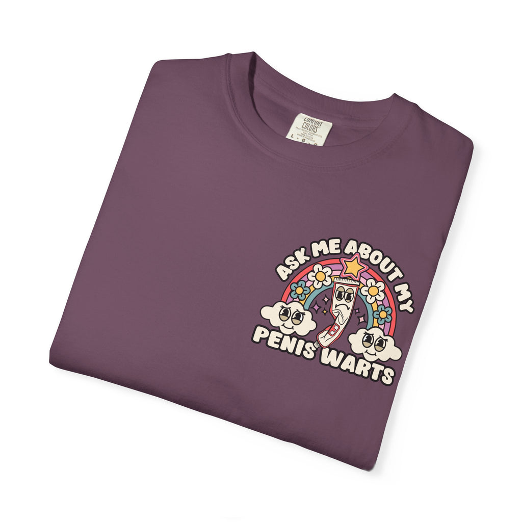 Adult Humor "Ask Me About My Penis Warts" Double-Sided Retro Tee