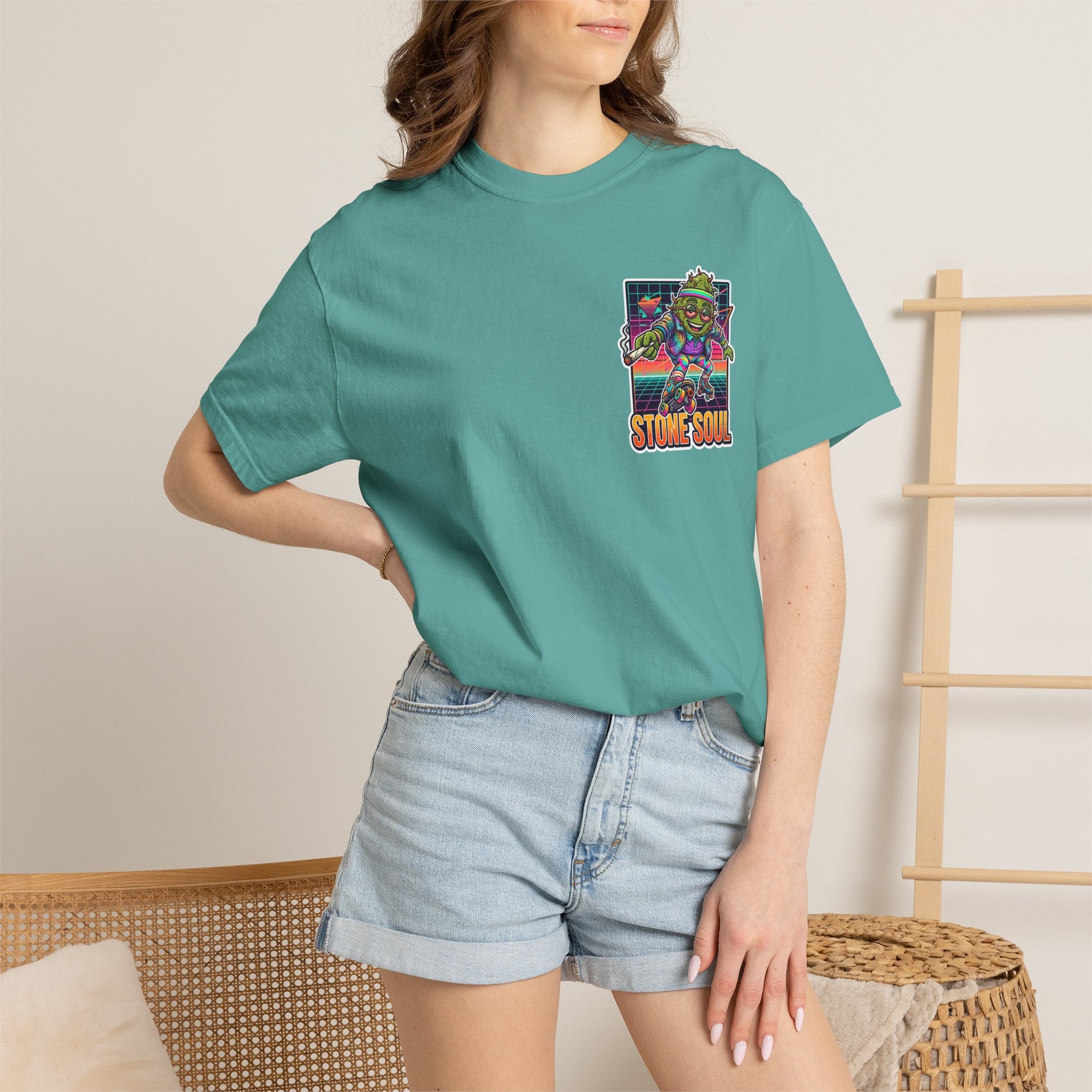Retro 80s Synthwave Stone Soul Roller Skating Weed Bud Graphic Tee