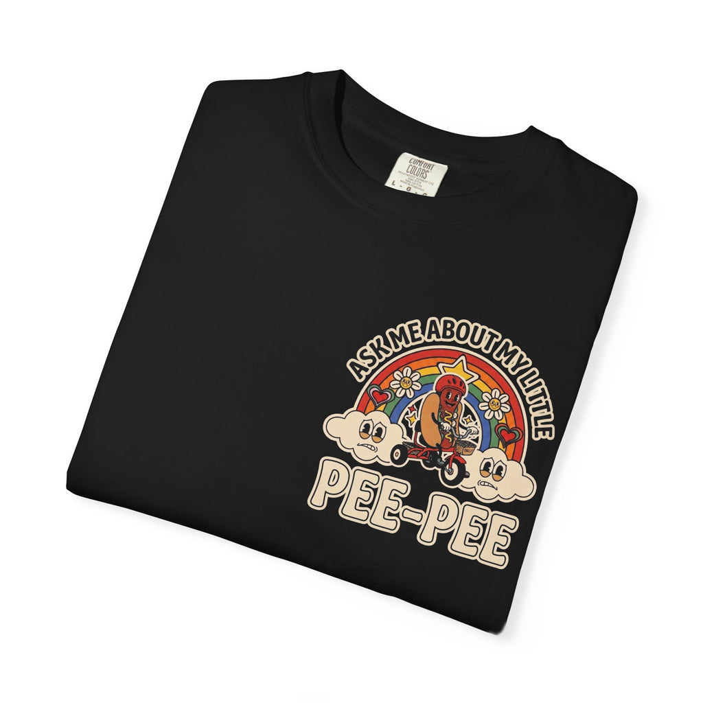 Ask Me About My Little Pee-Pee Shirt Funny Retro Hot Dog Cartoon Graphic Ironic Joke Tee