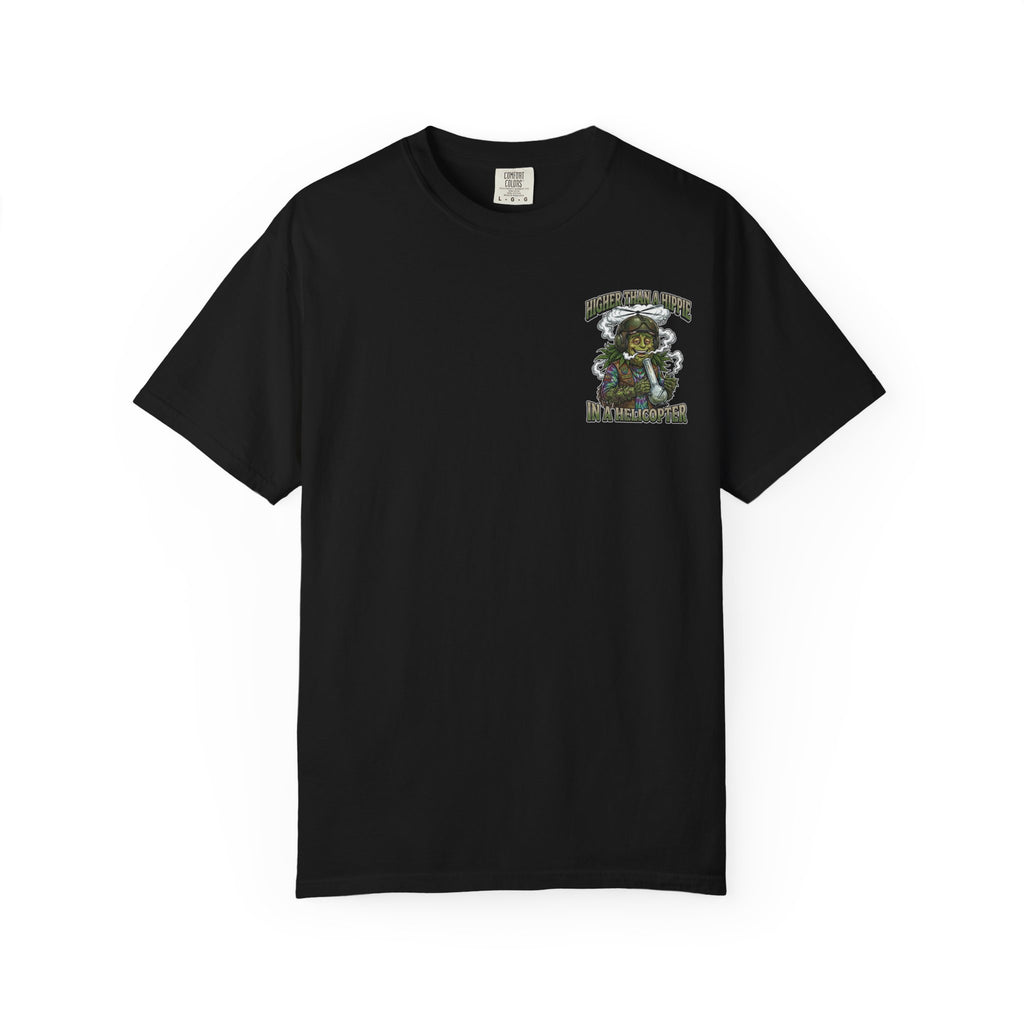 Higher Than A Hippie In A Helicopter Shirt - Vintage Weed Bud Cannabis Marijuana 420 Stoner Tee