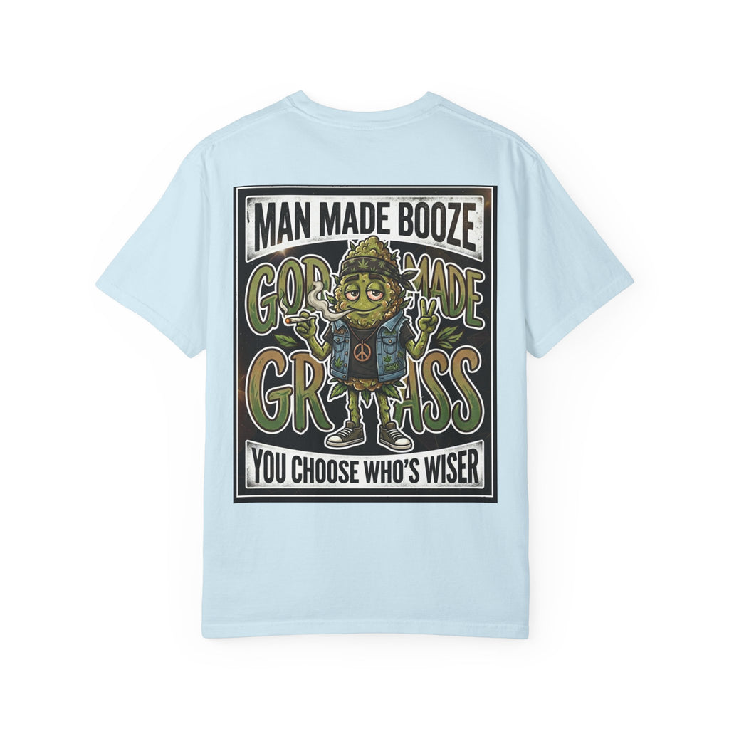 Man Made Booze God Made Grass Retro 1980s Biker Bud Graphic Tee