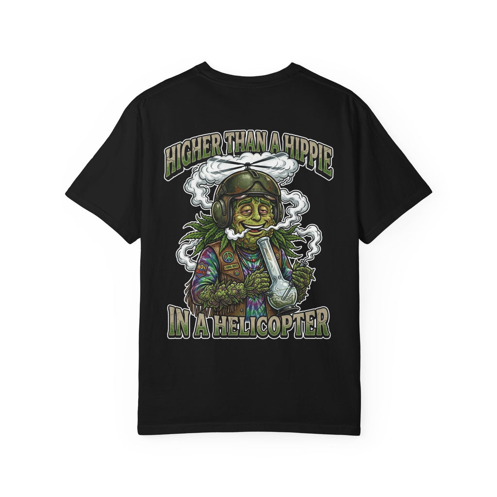 Higher Than A Hippie In A Helicopter Shirt - Vintage Weed Bud Cannabis Marijuana 420 Stoner Tee