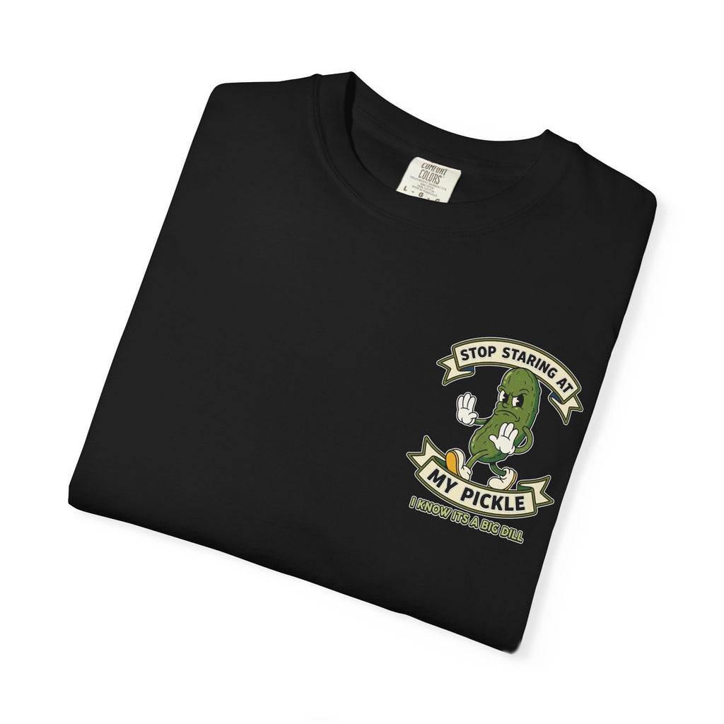 Stop Staring At My Pickle Funny Cartoon Retro Food Pun Big Dill Inappropriate Humor Shirt