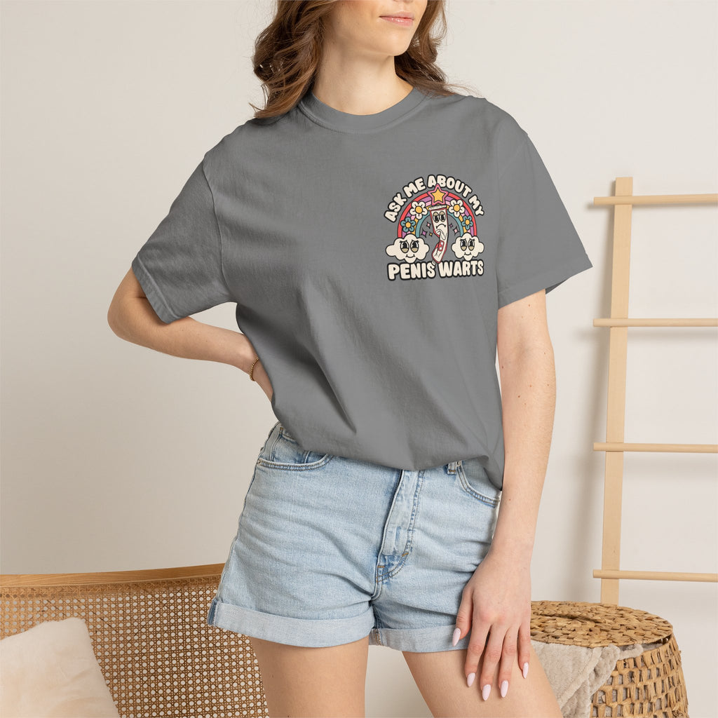 Adult Humor "Ask Me About My Penis Warts" Double-Sided Retro Tee