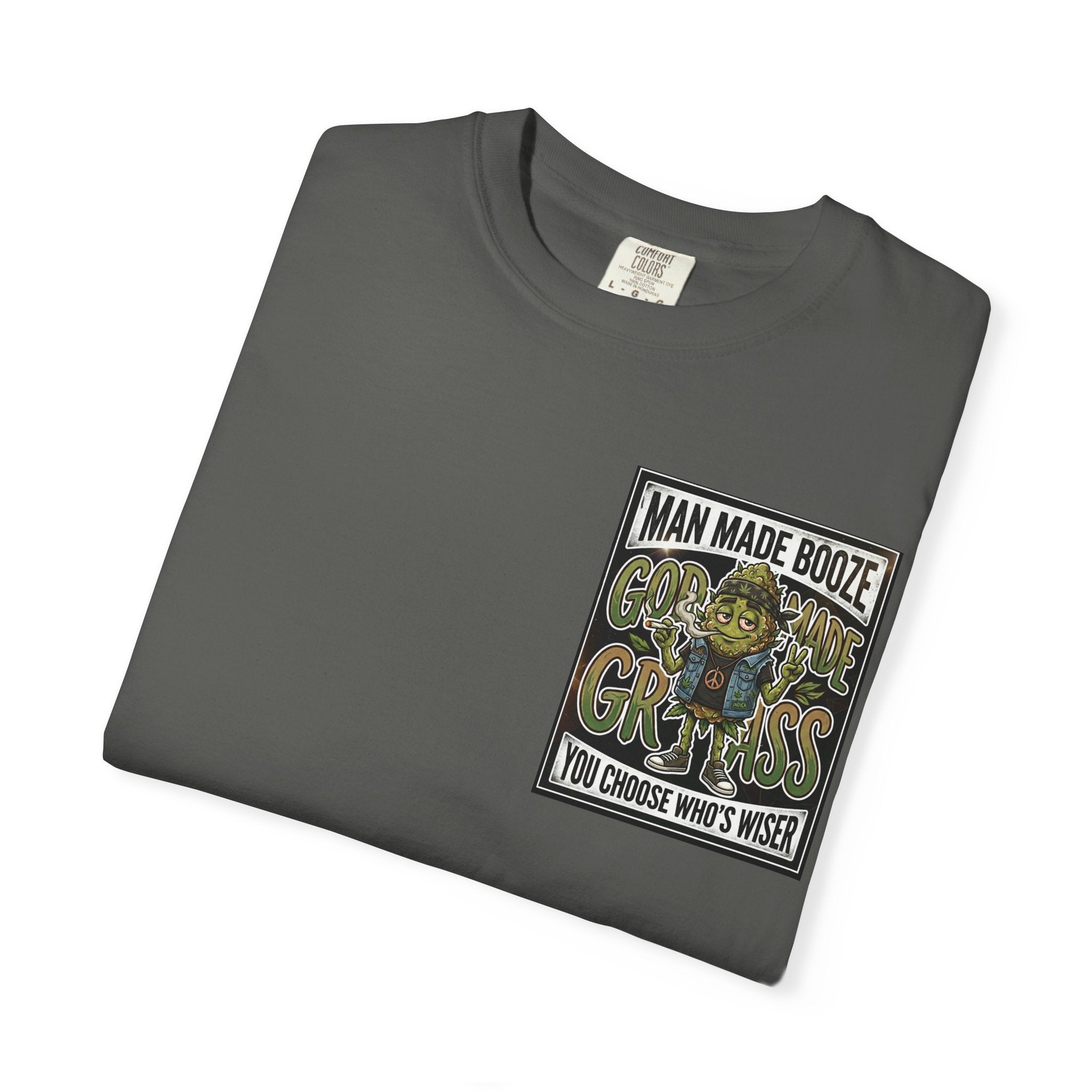 Man Made Booze God Made Grass Retro 1980s Biker Bud Graphic Tee