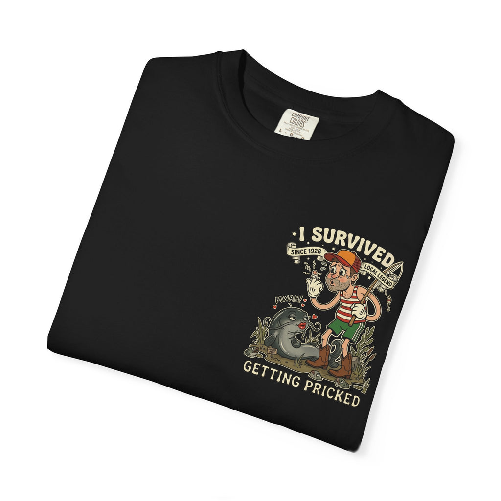Vintage Cartoon Fishing T-Shirt Funny Getting Pricked Catfish Graphic Tee Retro Angler Shirt