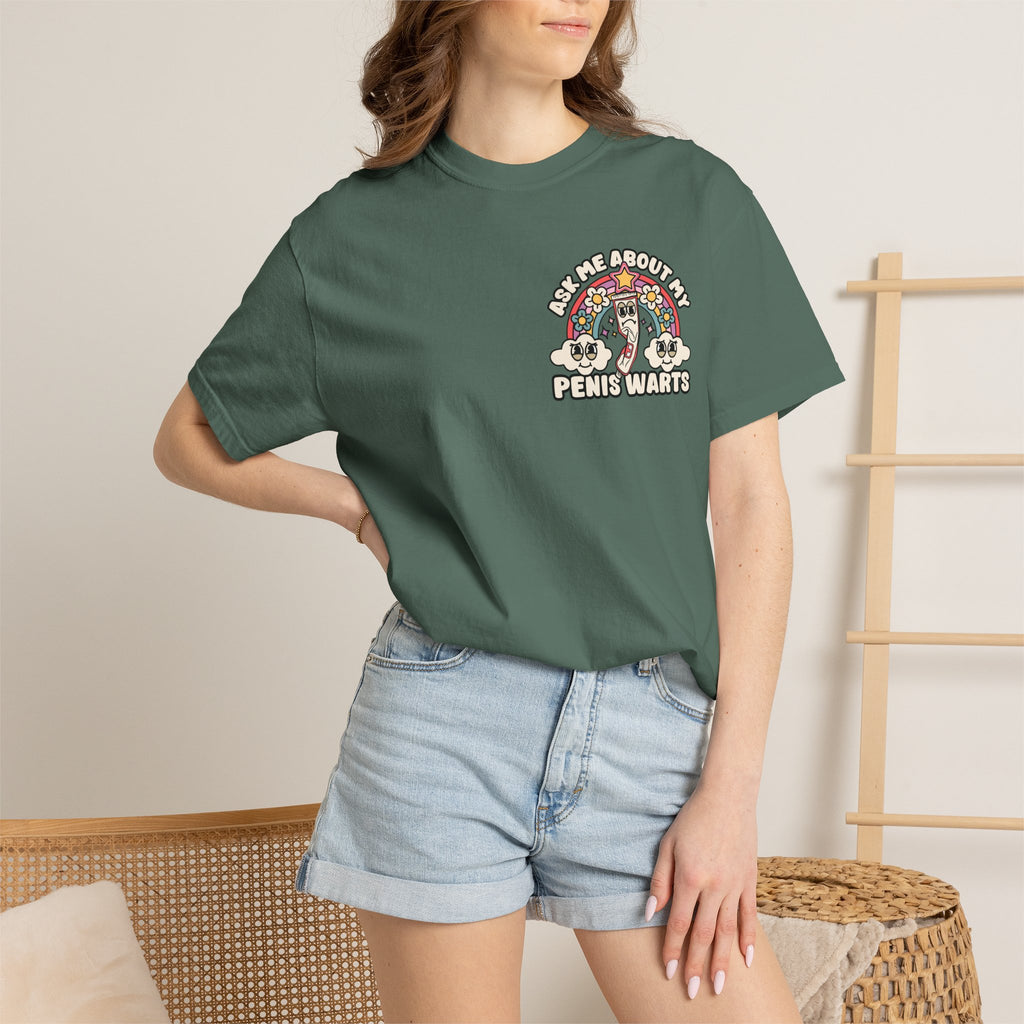 Adult Humor "Ask Me About My Penis Warts" Double-Sided Retro Tee