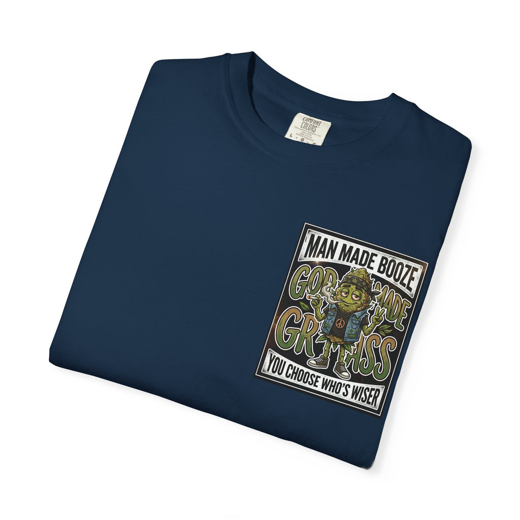 Man Made Booze God Made Grass Retro 1980s Biker Bud Graphic Tee