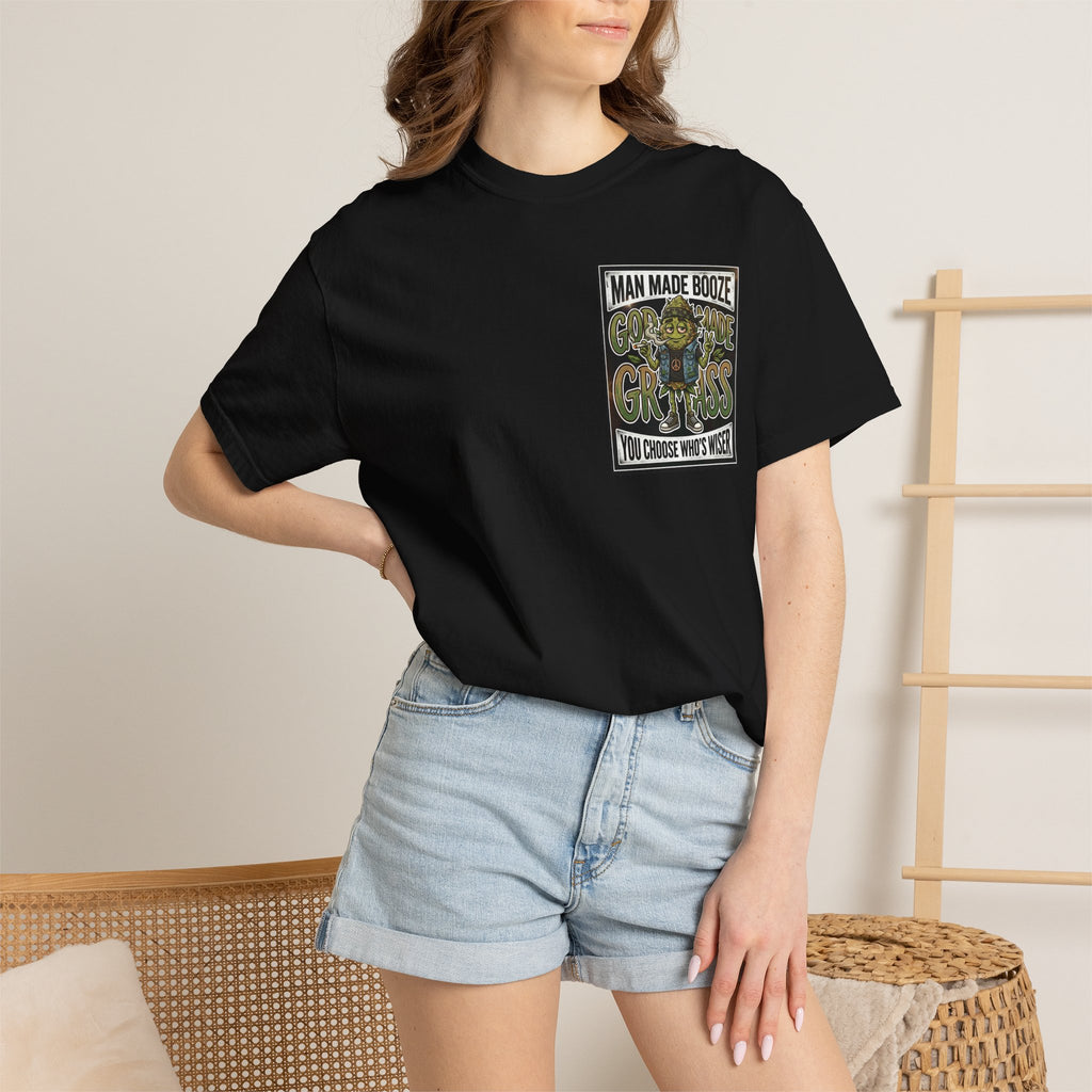 Man Made Booze God Made Grass Retro 1980s Biker Bud Graphic Tee