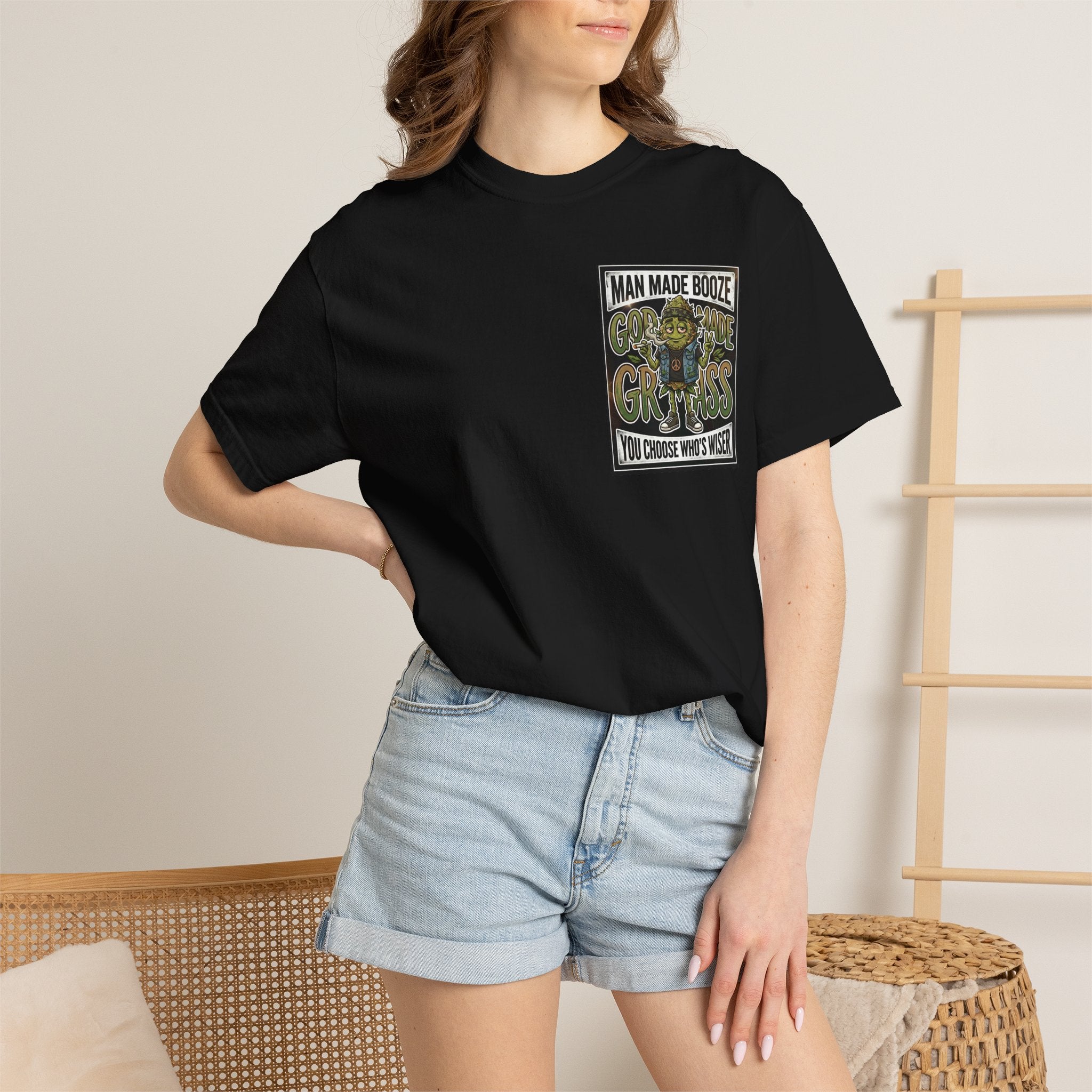 Man Made Booze God Made Grass Retro 1980s Biker Bud Graphic Tee