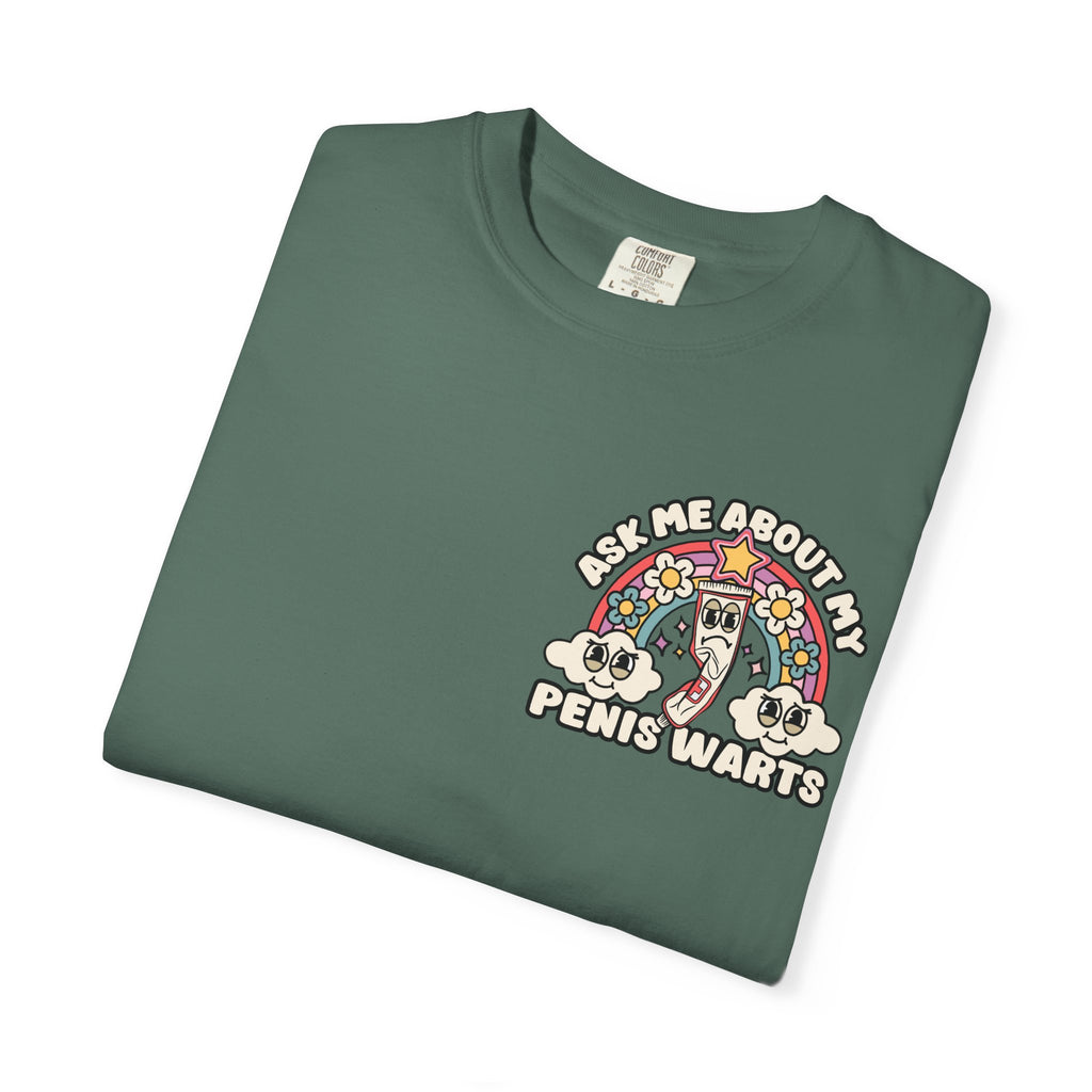 Adult Humor "Ask Me About My Penis Warts" Double-Sided Retro Tee