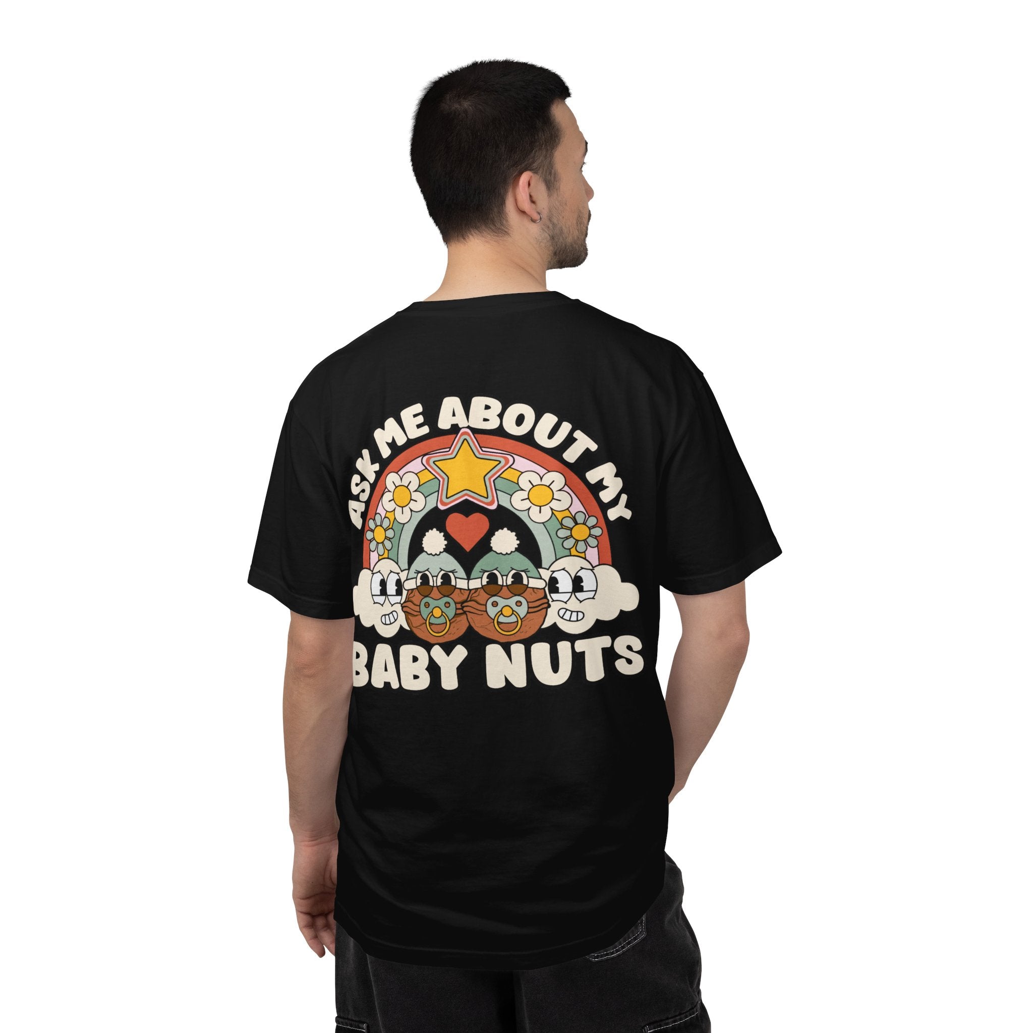 Adult Humor "Ask Me About My Baby Nuts" Double-Sided Retro Tee