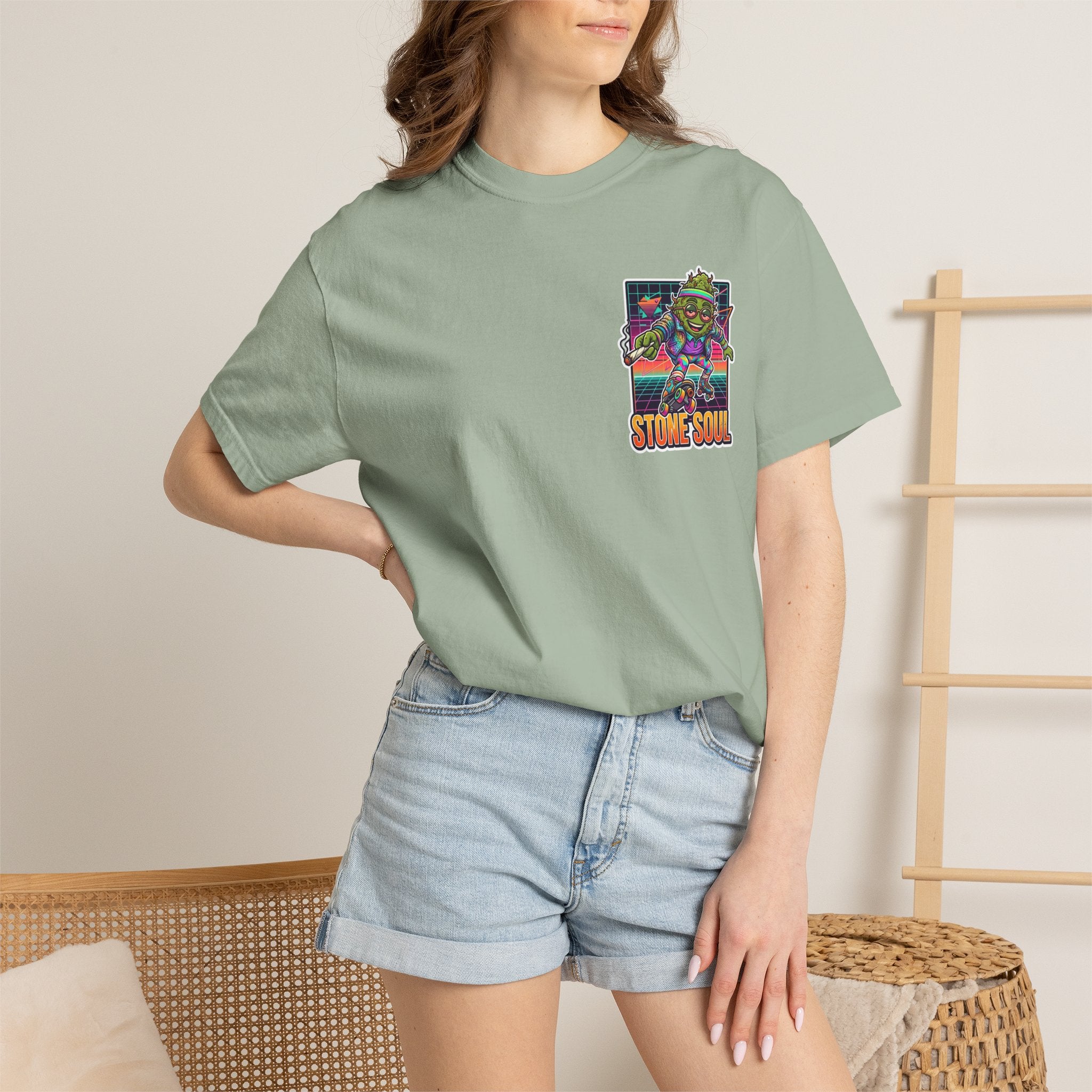 Retro 80s Synthwave Stone Soul Roller Skating Weed Bud Graphic Tee