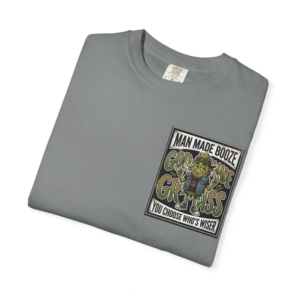 Man Made Booze God Made Grass Retro 1980s Biker Bud Graphic Tee