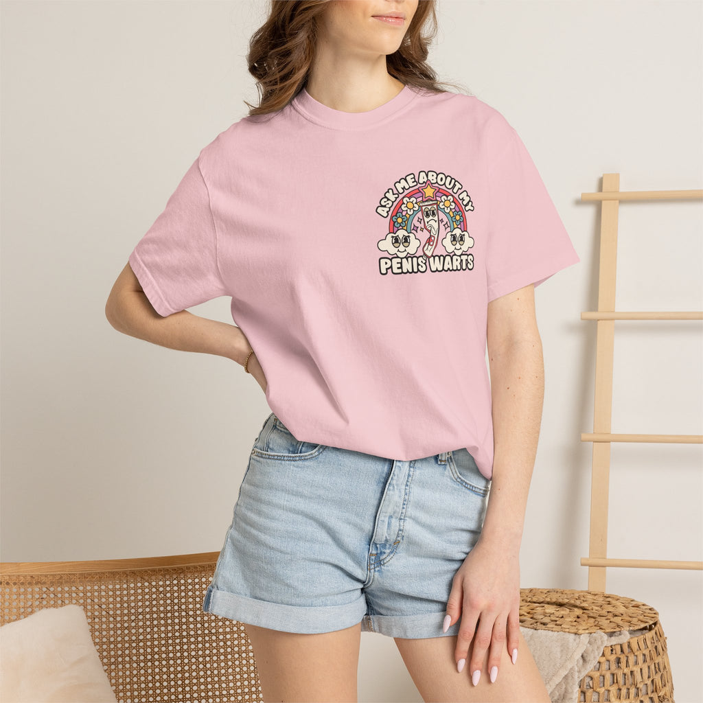 Adult Humor "Ask Me About My Penis Warts" Double-Sided Retro Tee