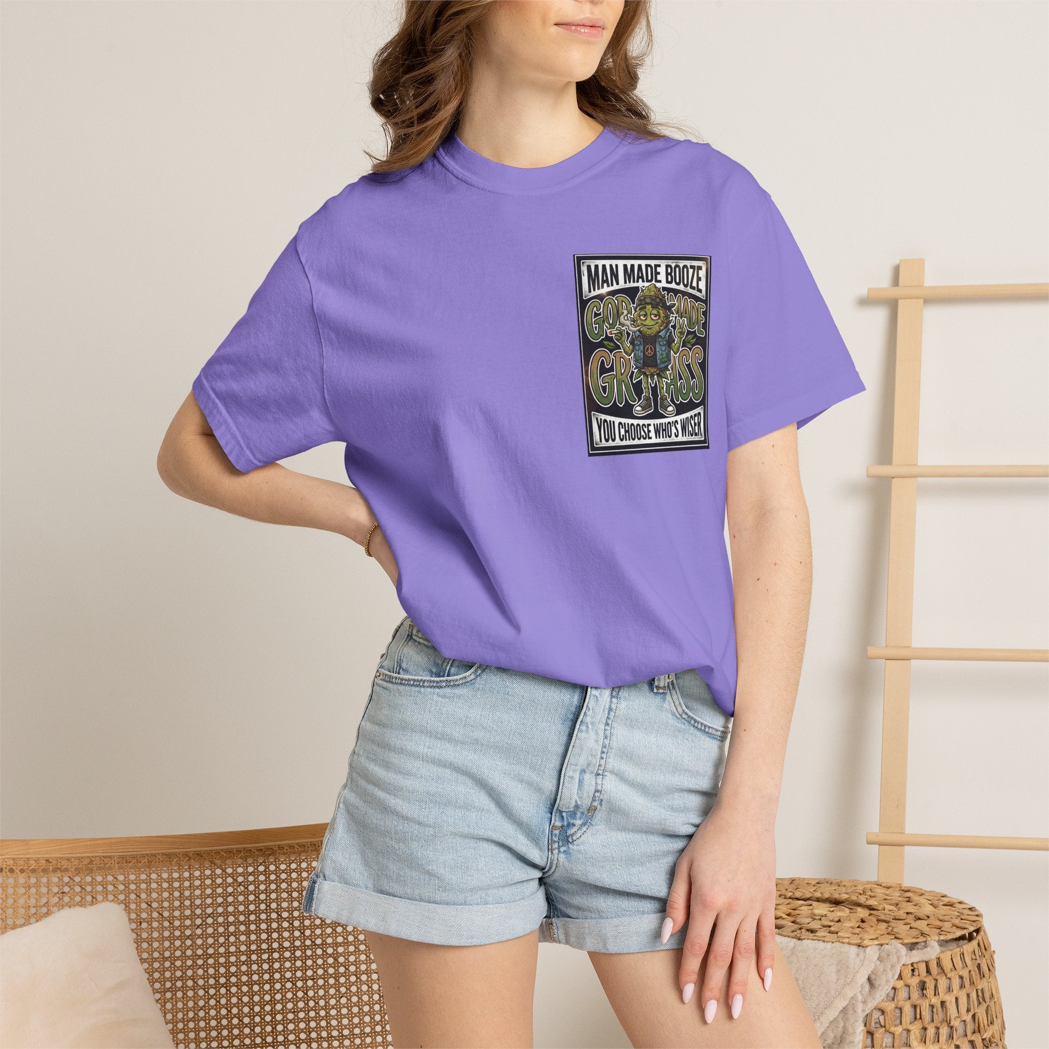Man Made Booze God Made Grass Retro 1980s Biker Bud Graphic Tee